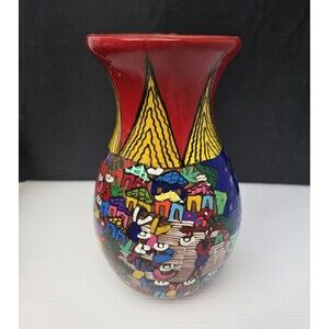 Vintage Mexican Storyteller Vase Hand Painted Folk Art Terra Cotta Clay 7.5"